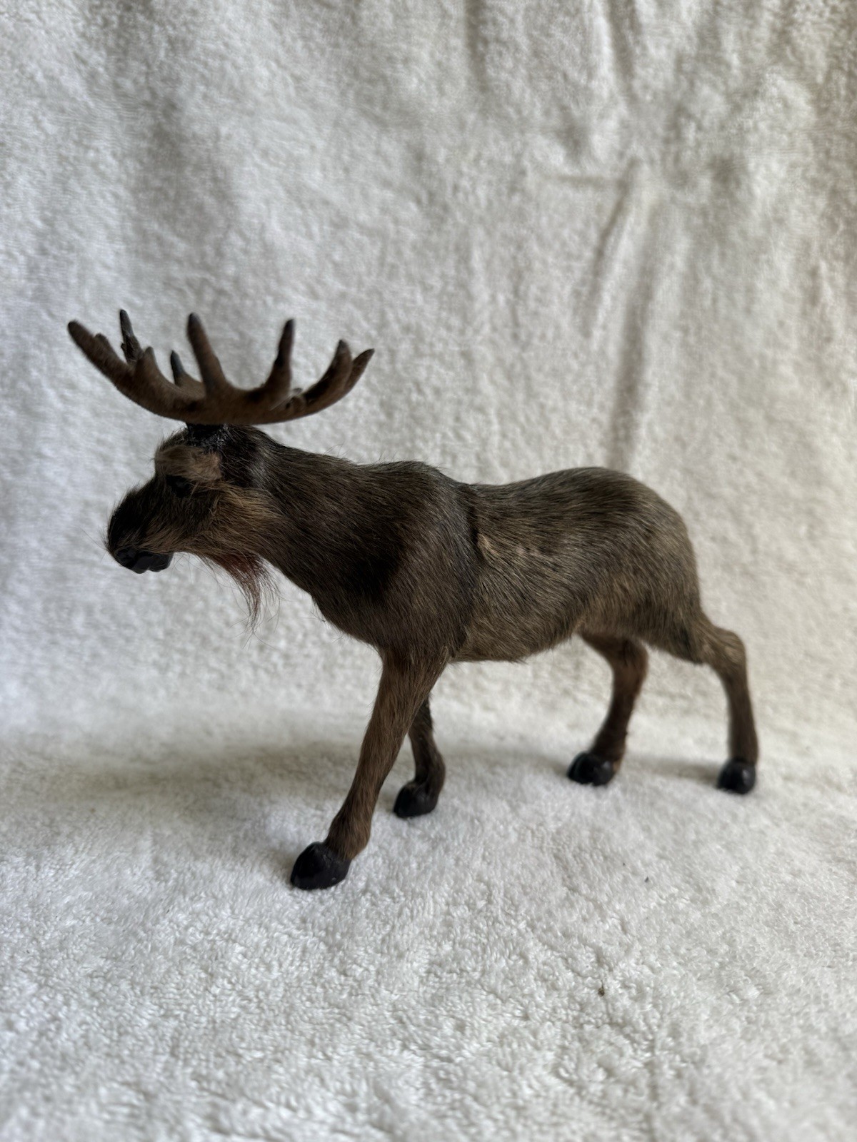 Vintage Real Fur Moose Figurine~Felt Antlers~Realistic~Free Standing 8 inch