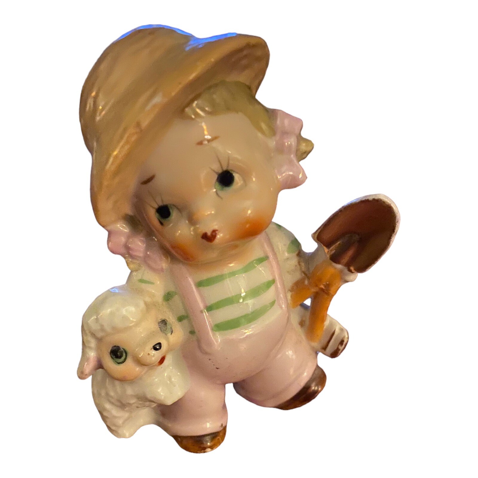 Vintage Girl Porcelain Figurine with Sheep and Shovel Japan Gift All Occasions