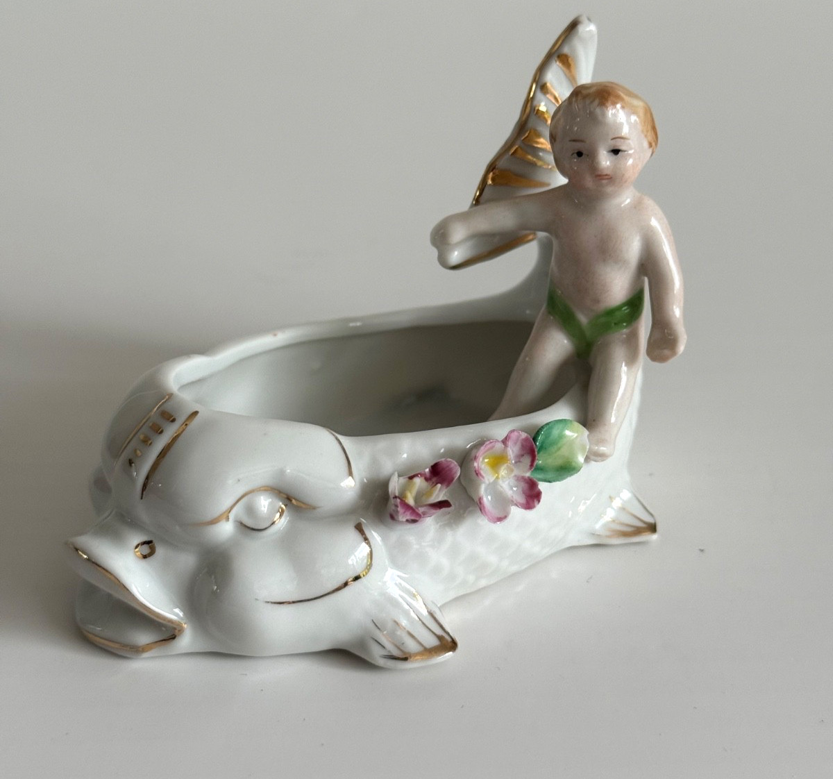 Vintage Cherub Putti Riding A Dolphin Fish Trinket Pin Dish Planter Porcelain