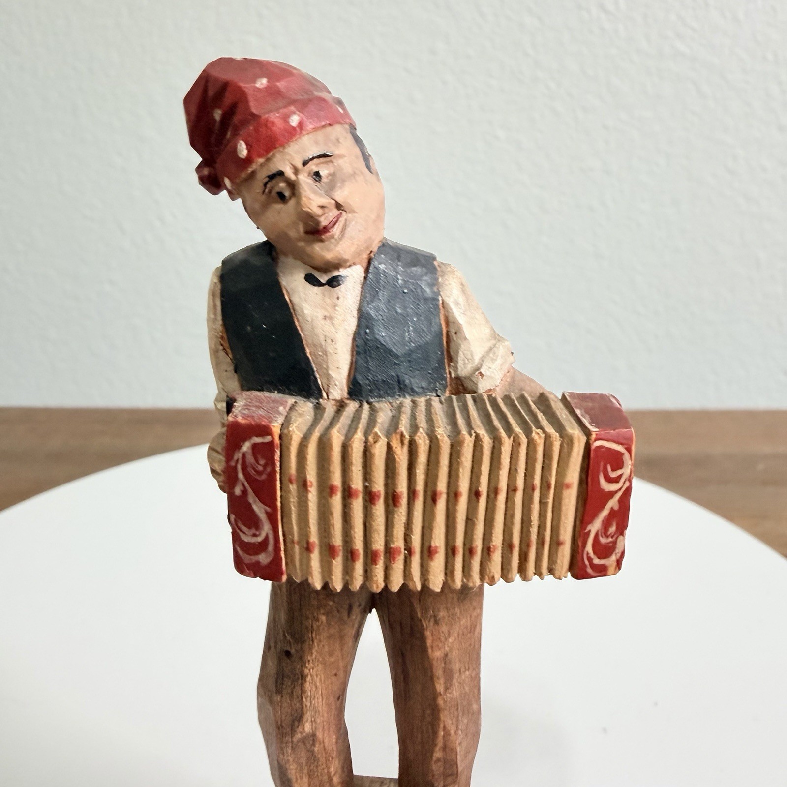 Vintage Italian Hand-Carved Wooden Musician Accordion Player Figurine