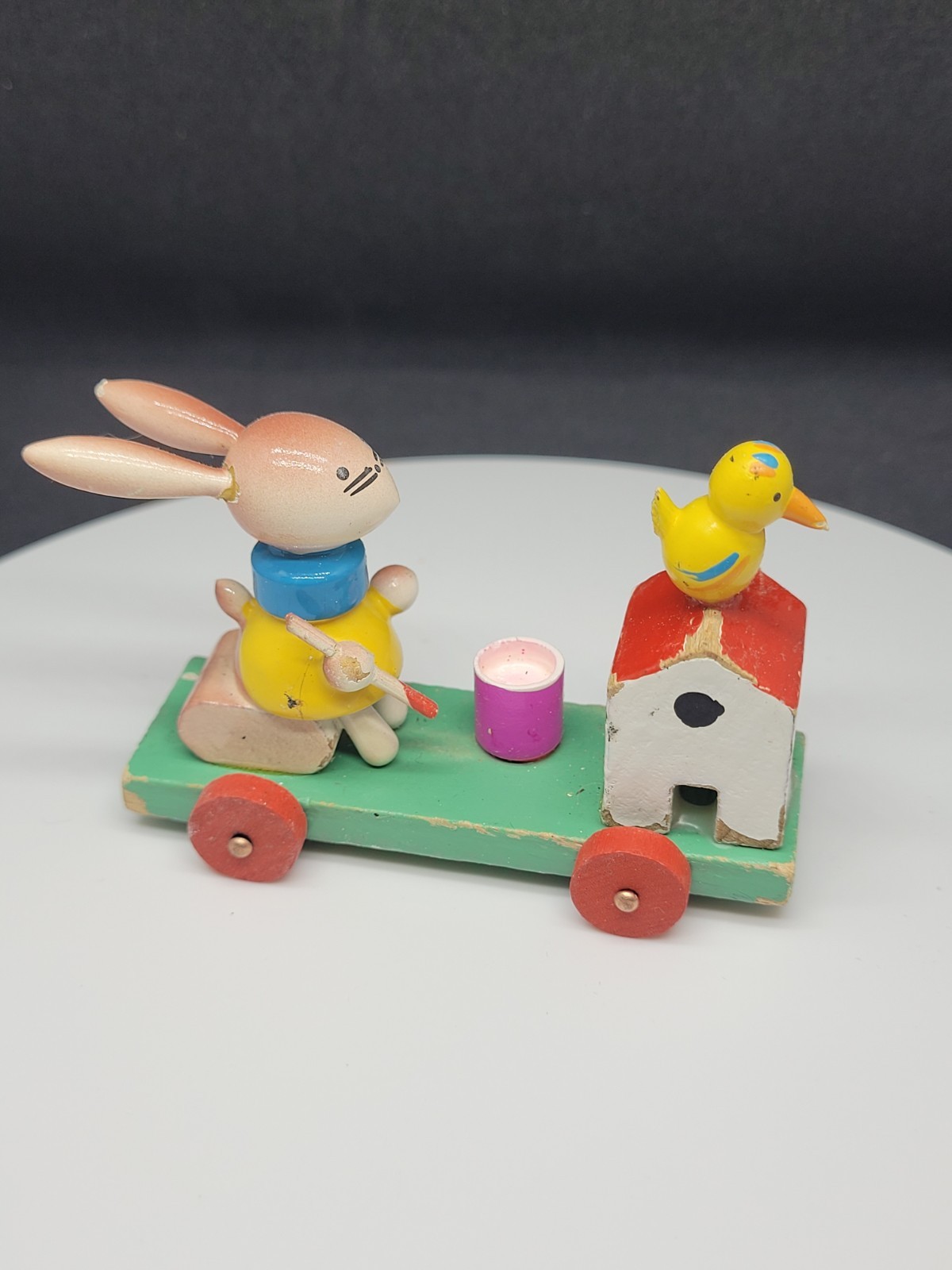 Vtg Goula Spain Wood Easter Figure Bunny Rabbit Paints Egg on Wheels Push Toy