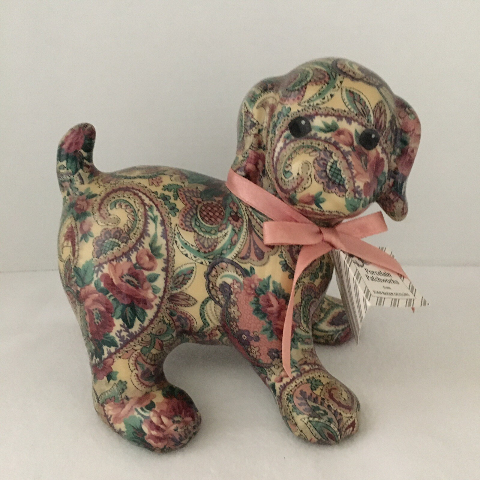 Porcelain Patchworks Puppy Dog Figurine Joan Baker Designs Floral Decoupage