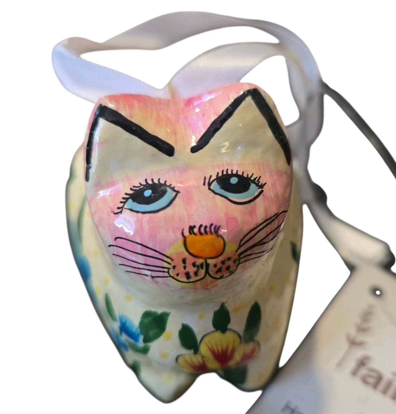 Whimsical Hand Painted Paper Mache Cat Ornament Kashmir Fair Trade Floral Folk