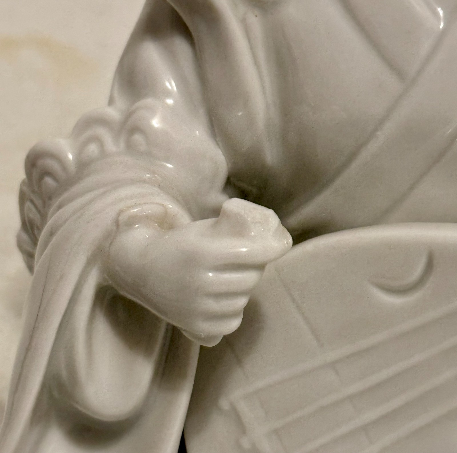Japanese White Porcelain Geisha Sitting Playing a Biwa