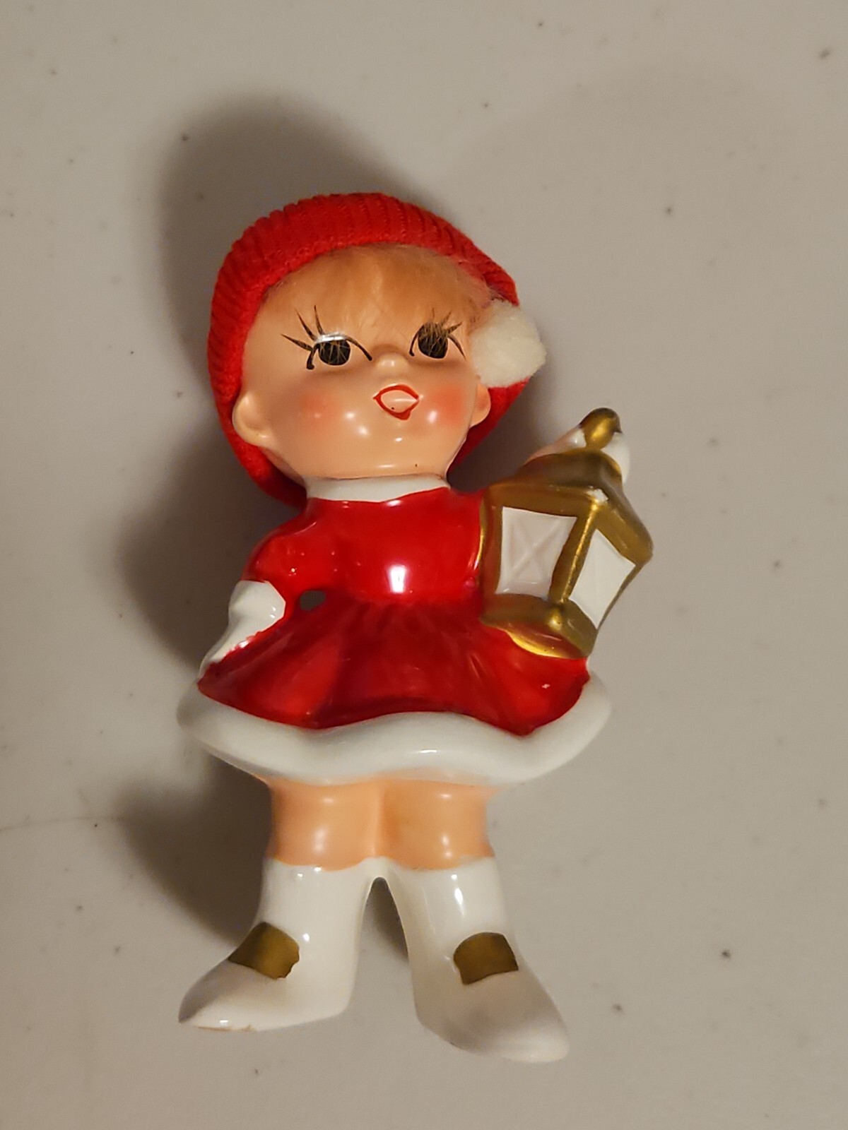 Vintage Napco Porcelain Girl Figurine Real Hair Fabric Cap