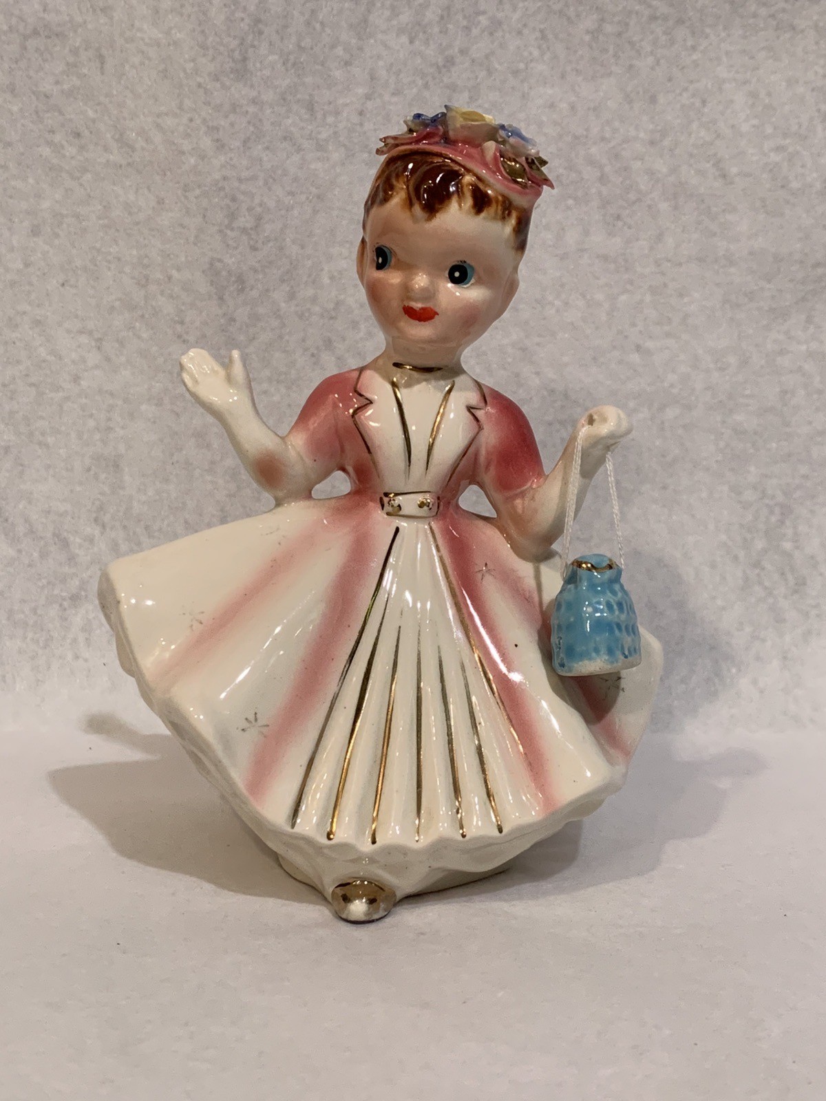 VTG Kreiss Japan Pretty Girl/ Lady Figurine, White & Pink Dress, Blue Purse