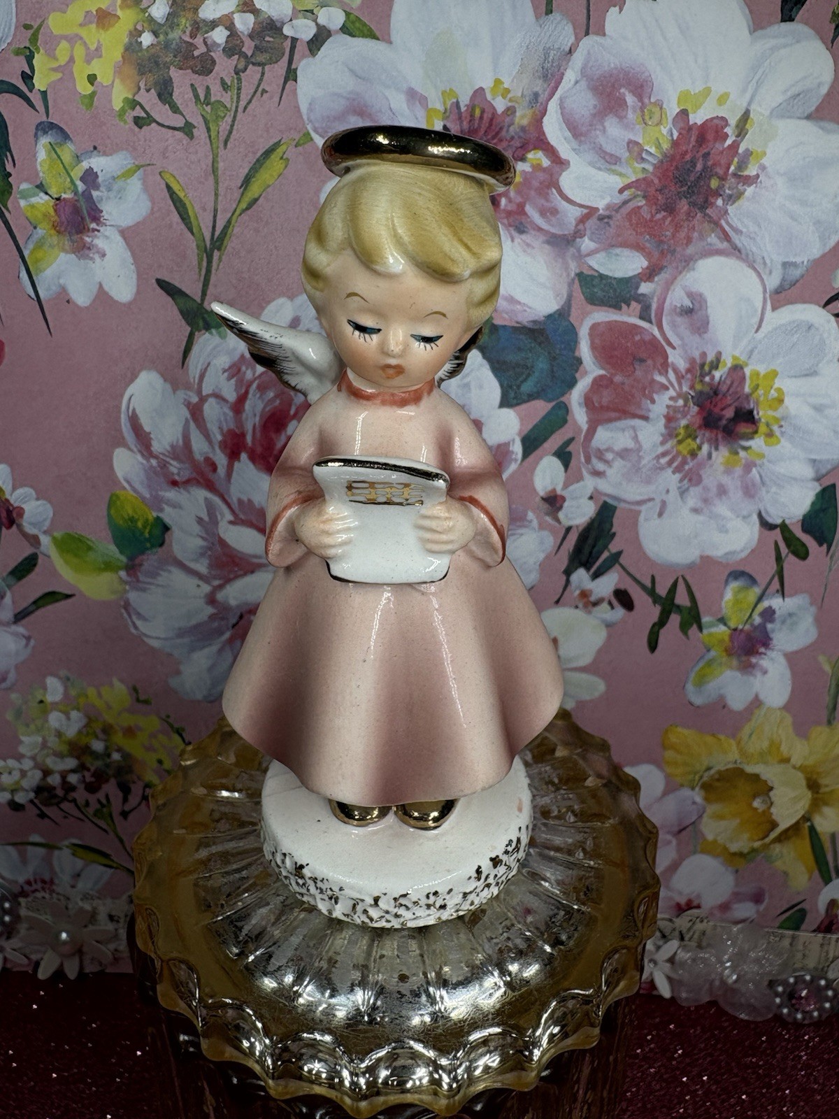 Vtg Small Easter Angel Girl In Peach Holding Sheet Music Figurine Art Gift Japan