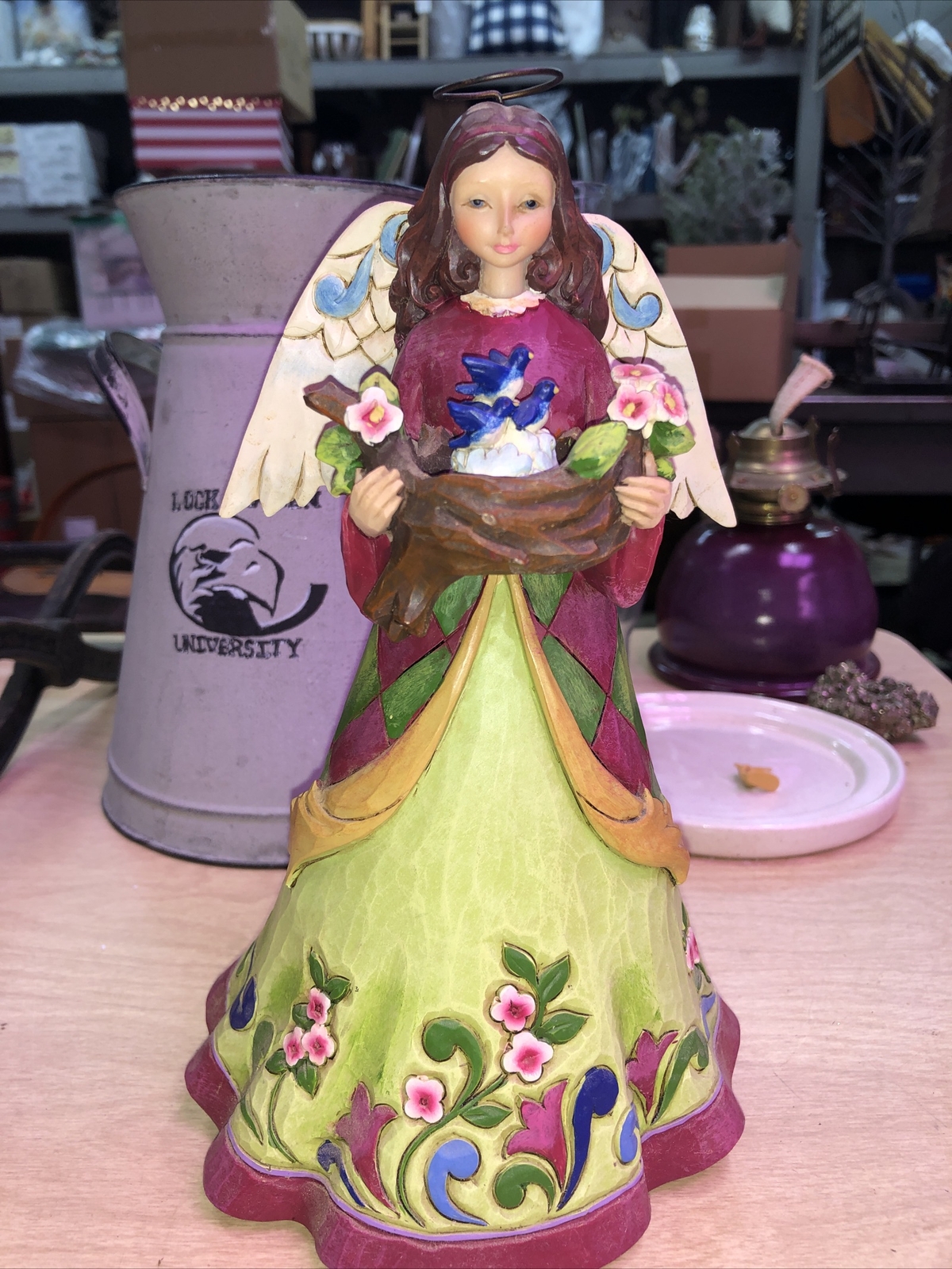 Jim Shore for Enesco Heartwood Creek Angel with Bird in Glass Dome Figurine 9.2″