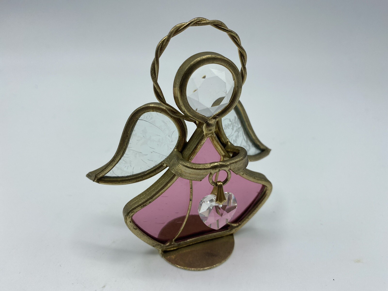 Vtg Stained Pink Clear Glass Metal Angel Figurine Ornament w/Heart 3 1/8″ Tall
