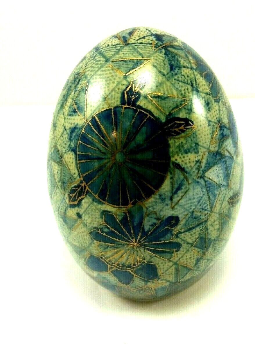 Ceramic Egg Ocean Turtle Blue White Green 5 In No Base Oriental Decorative