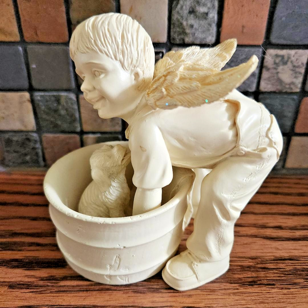 AngelStar “Angels of Love” Cherub “Barrel of Love” Boy Angel with Dog Unboxed