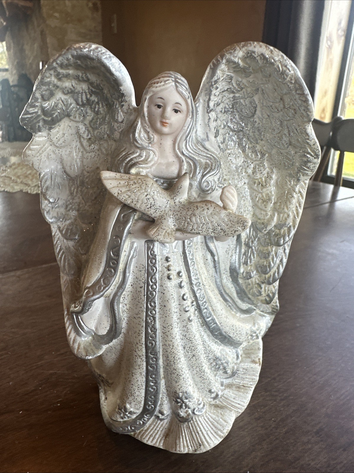 Ceramic Angel Figurine with Dove, 6 Inches