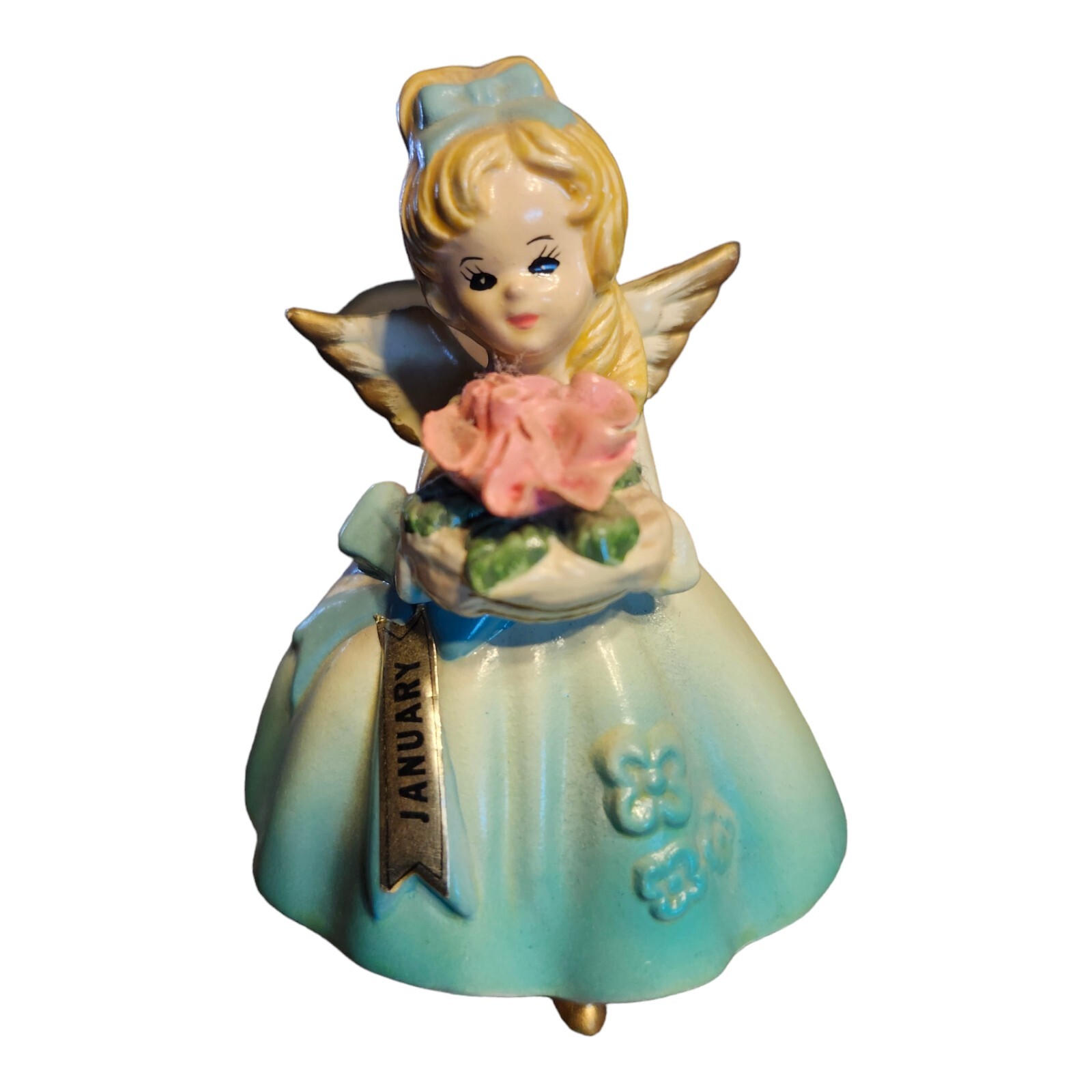 Vintage January Birthday Angel 3.5″ Figurine Blue White Dress Made in Sri Lanka