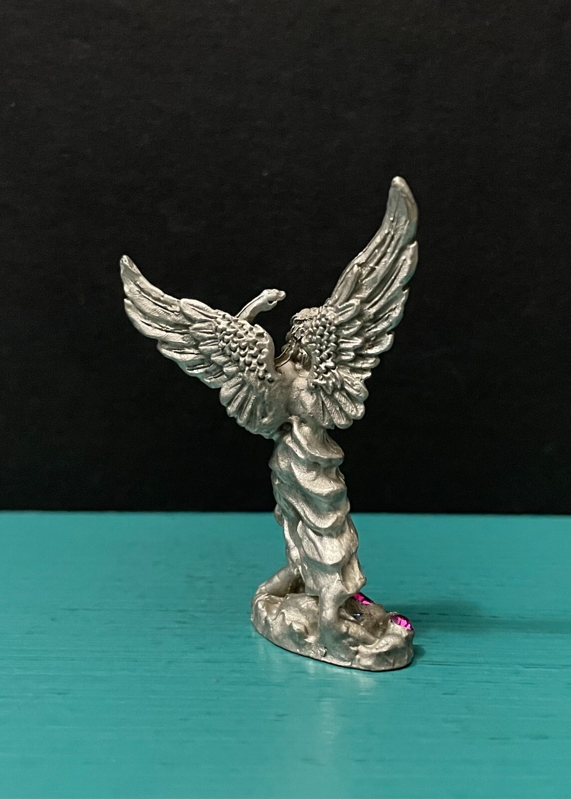 Comstock CCI Pewter Guardian Angel Wing Aqua Rose Jewel Diorama Mini Figurine