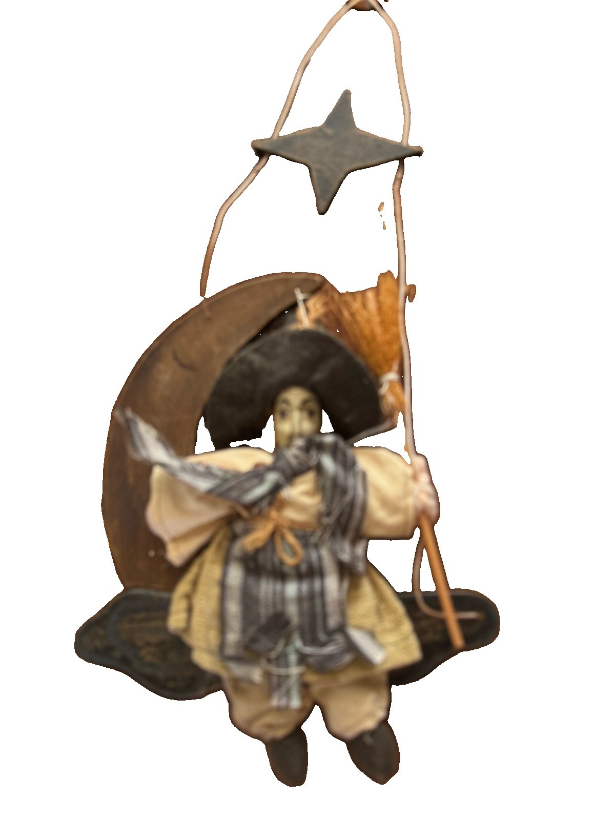 German Handmade Kitchen Witch Doll – Witch Hanging On Moon Good Luck Witch 17 In