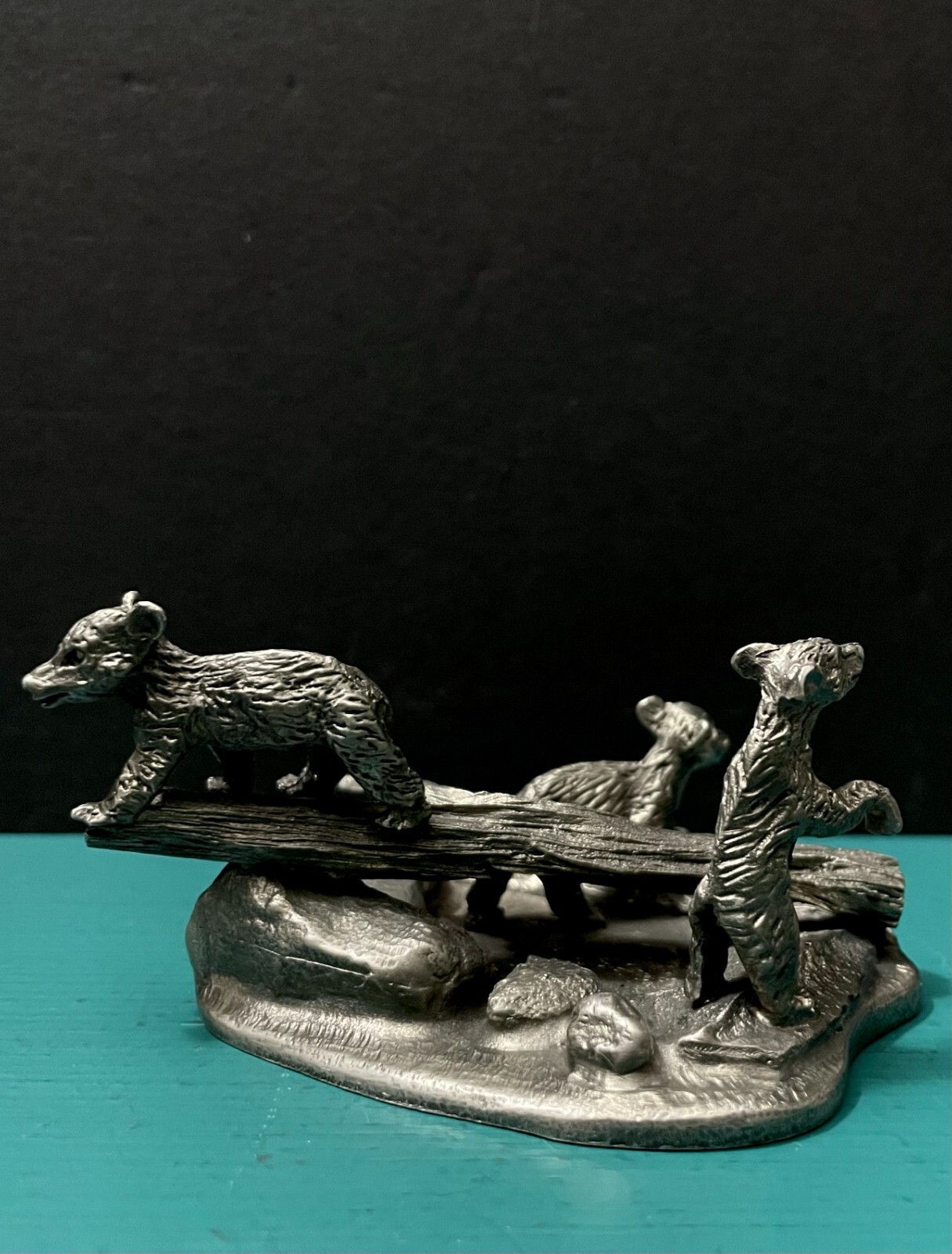 Pewter Three Bears Cubs Forest Tree Logs Wildlife Animals Diorama Art Figurine