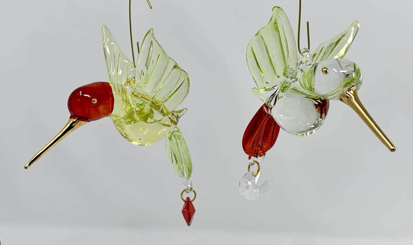 Pair of Glass Hummingbird Ornament Suncatchers – Green & Red w/ Gold Accents