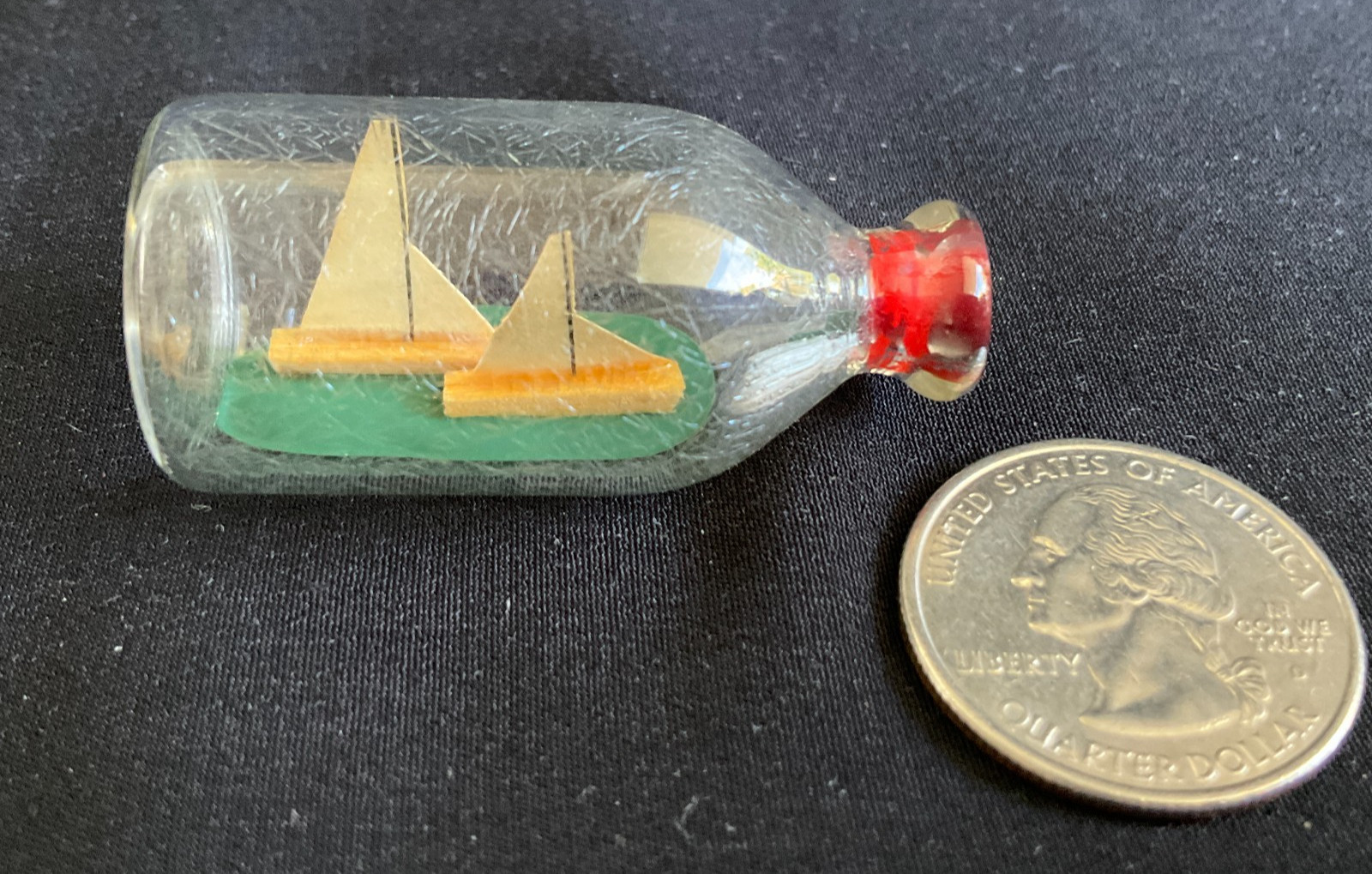 Vtg Miniature Ship in a Bottle Handblown Glass Bottle 1.75″ Homemade Collectible