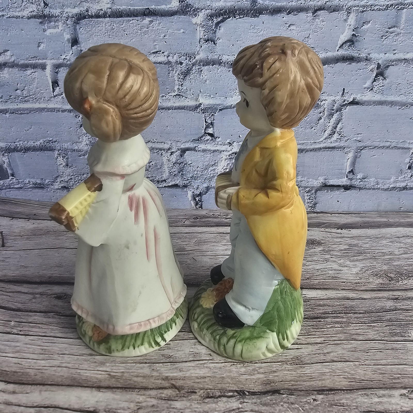 Vintage Porcelain Figurines Pair Boy w/ Accordion & Girl w/ Harp Lyre