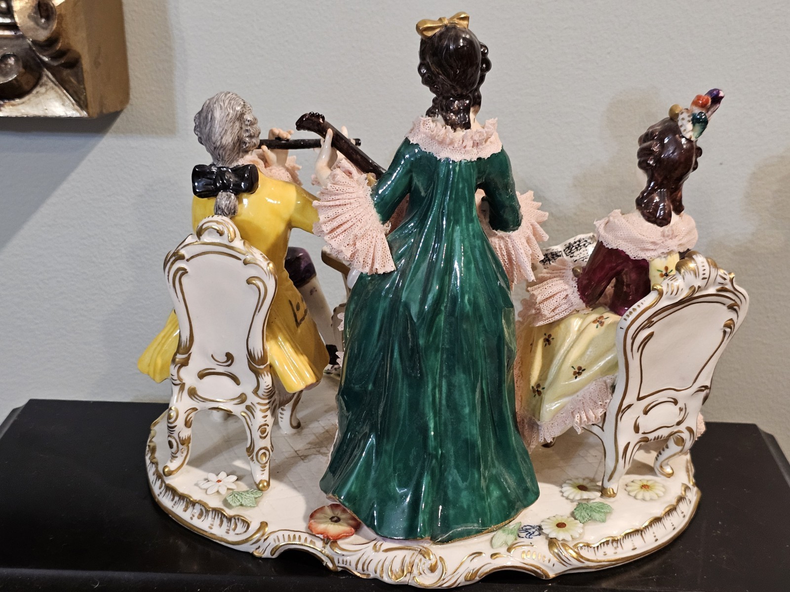 Volkstedt Musicians Trio Porcelain Lace Group Figurine Signed 10”L x 8.25”H