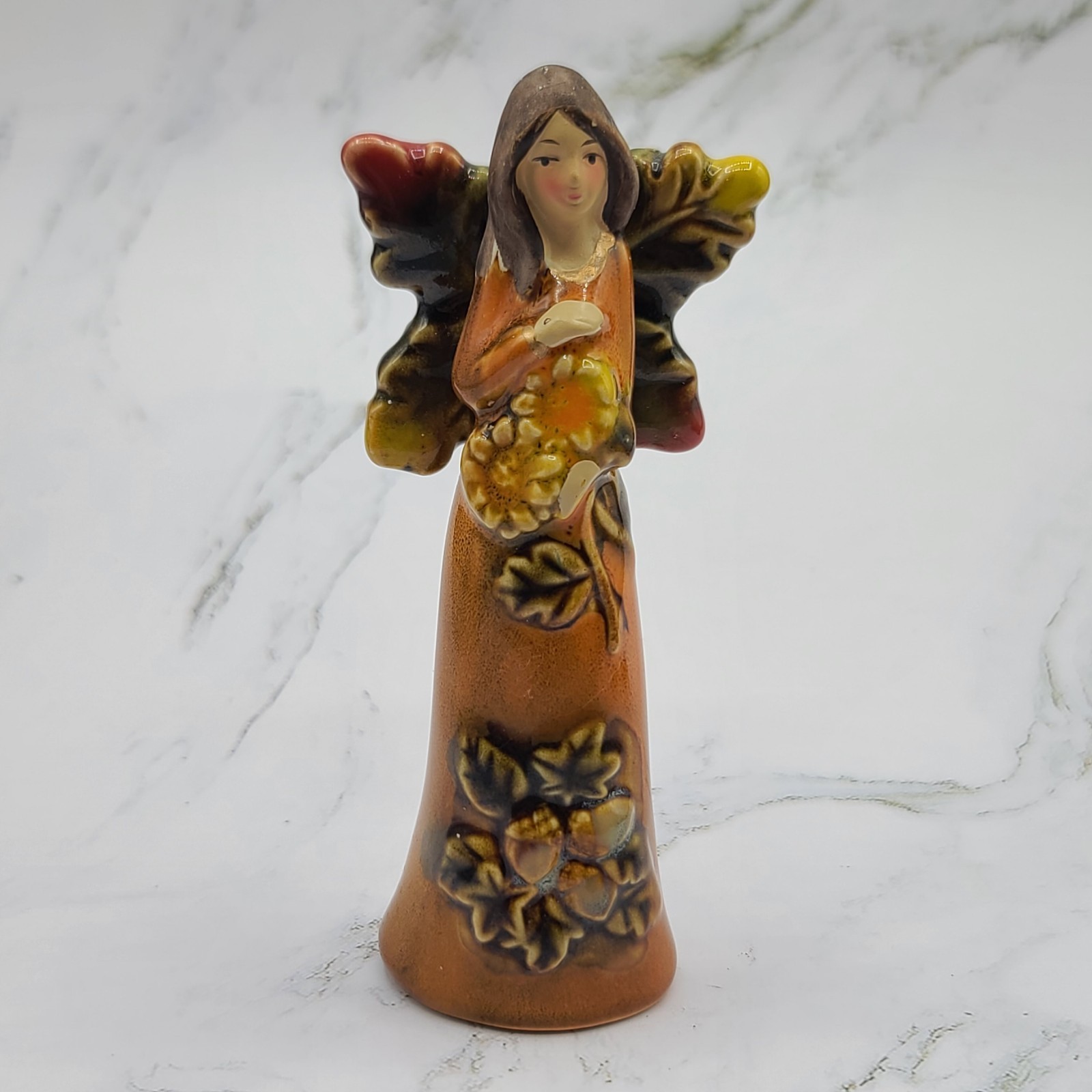 Ceramic Angel Figurines Set Of 2 Autumn Sunflowers Pumpkins Fall Decor