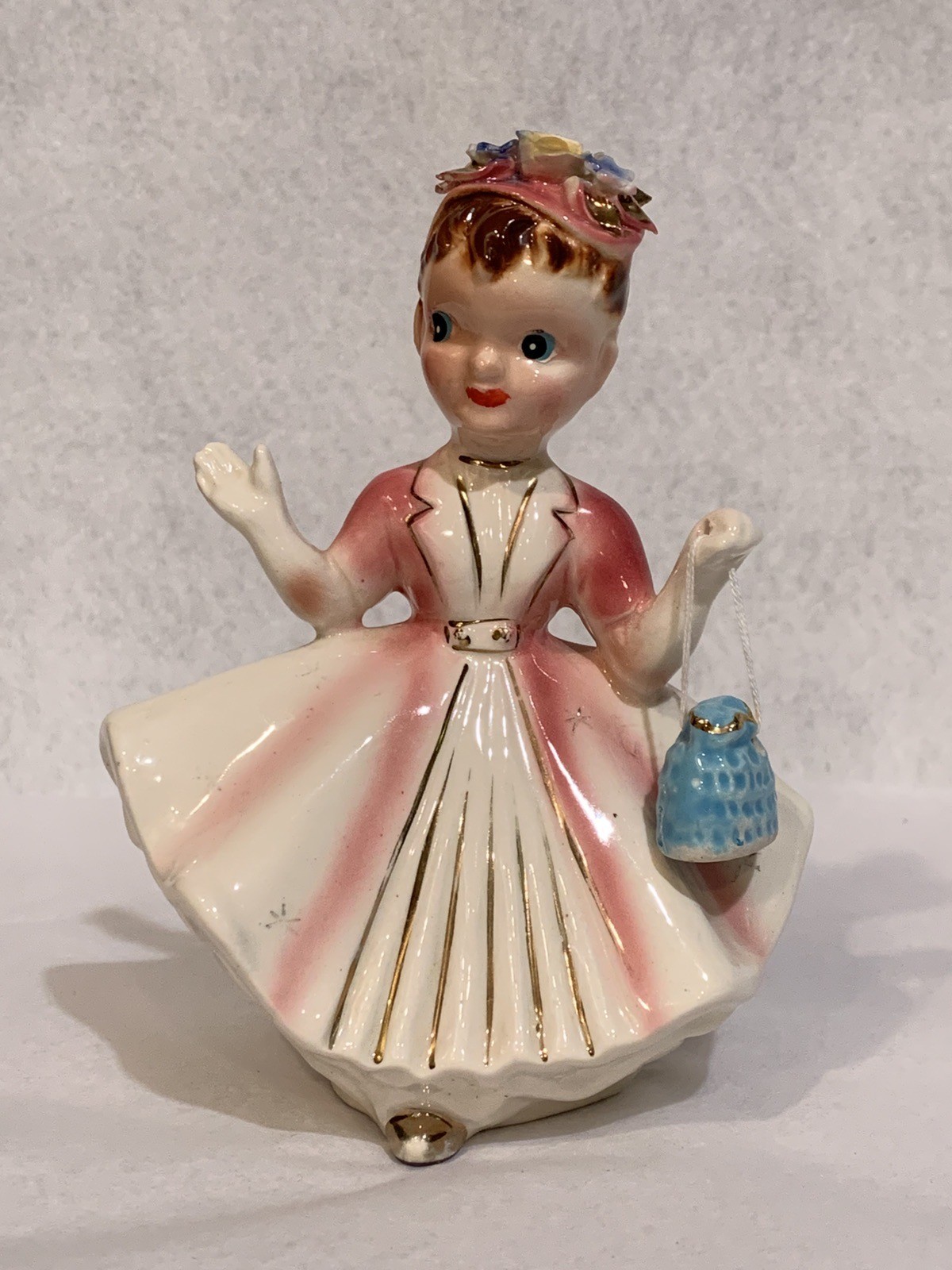 VTG Kreiss Japan Pretty Girl/ Lady Figurine, White & Pink Dress, Blue Purse