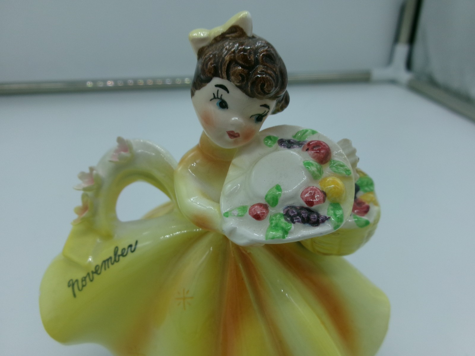 Vtg Lefton Japan November Birthday Girl Figurine Applied Flowers-BEAUTIFUL