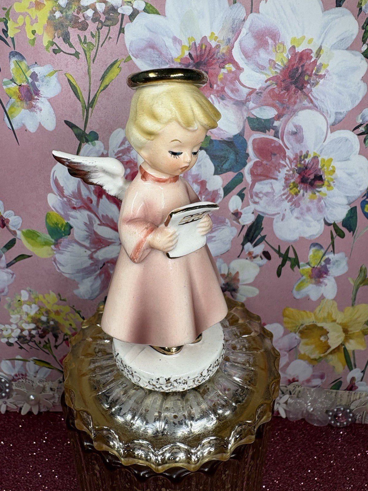 Vtg Small Easter Angel Girl In Peach Holding Sheet Music Figurine Art Gift Japan