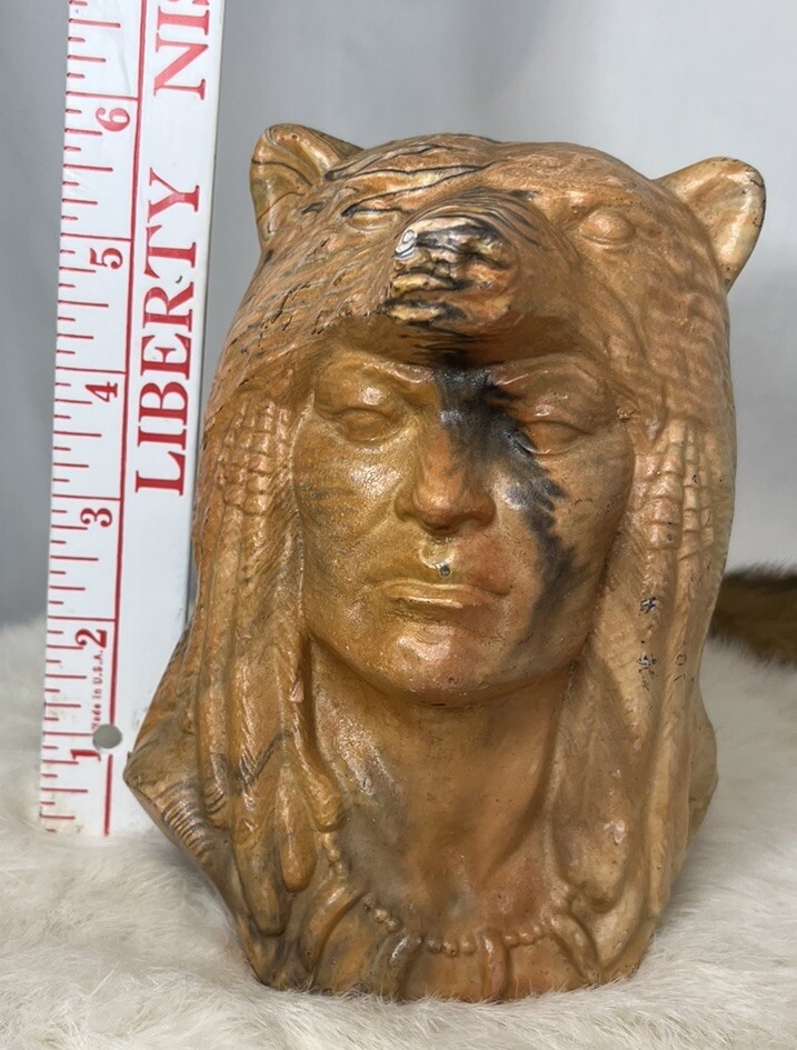 Vintage Native American Chief Bear Head Bust Statue Swirl Layered Clay Resin