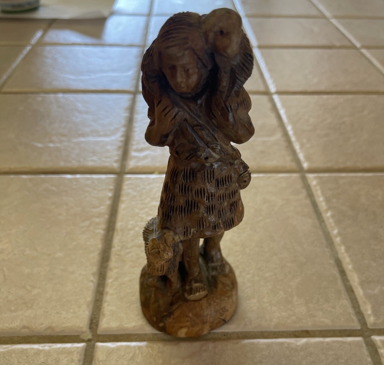 Carved Wooden Shepard Boy Carrying A Lamb Figure Statue Wood Sculpture 11 1/2’’