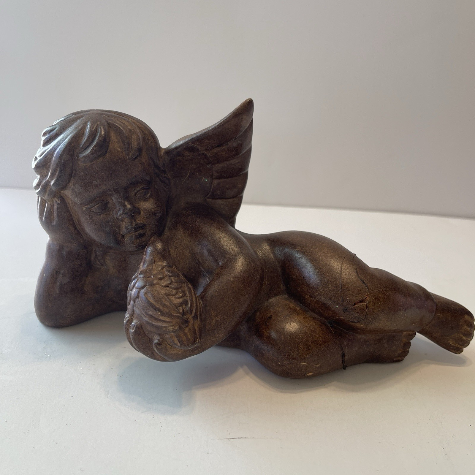 Vintage Reclining Cherub Angel Statue Ceramic Religious Decor Patina