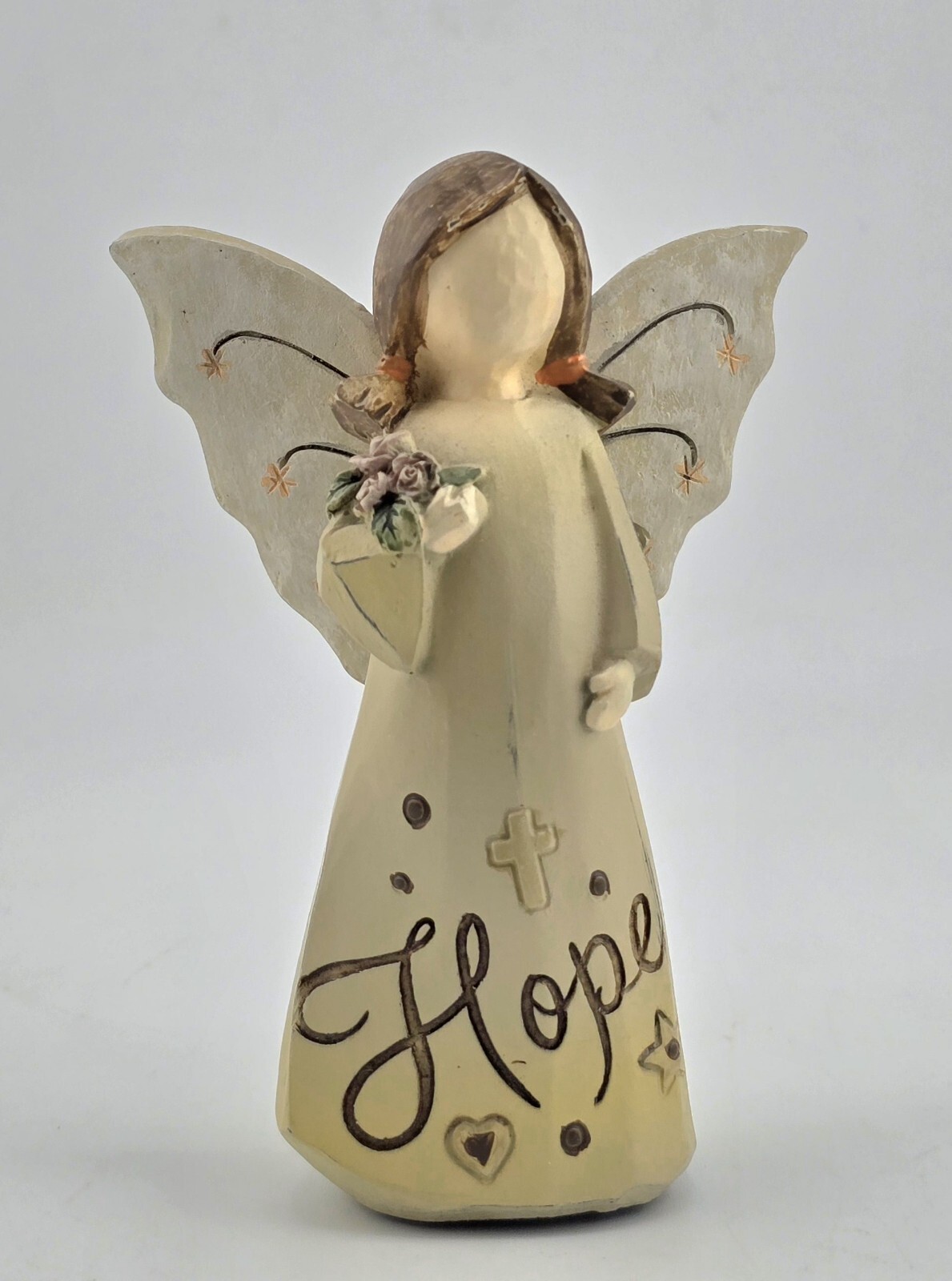 “HOPE” Angle Figurine w/ Roses Tan Dress Brunette In Pigtails Rustin Resin 3.75″