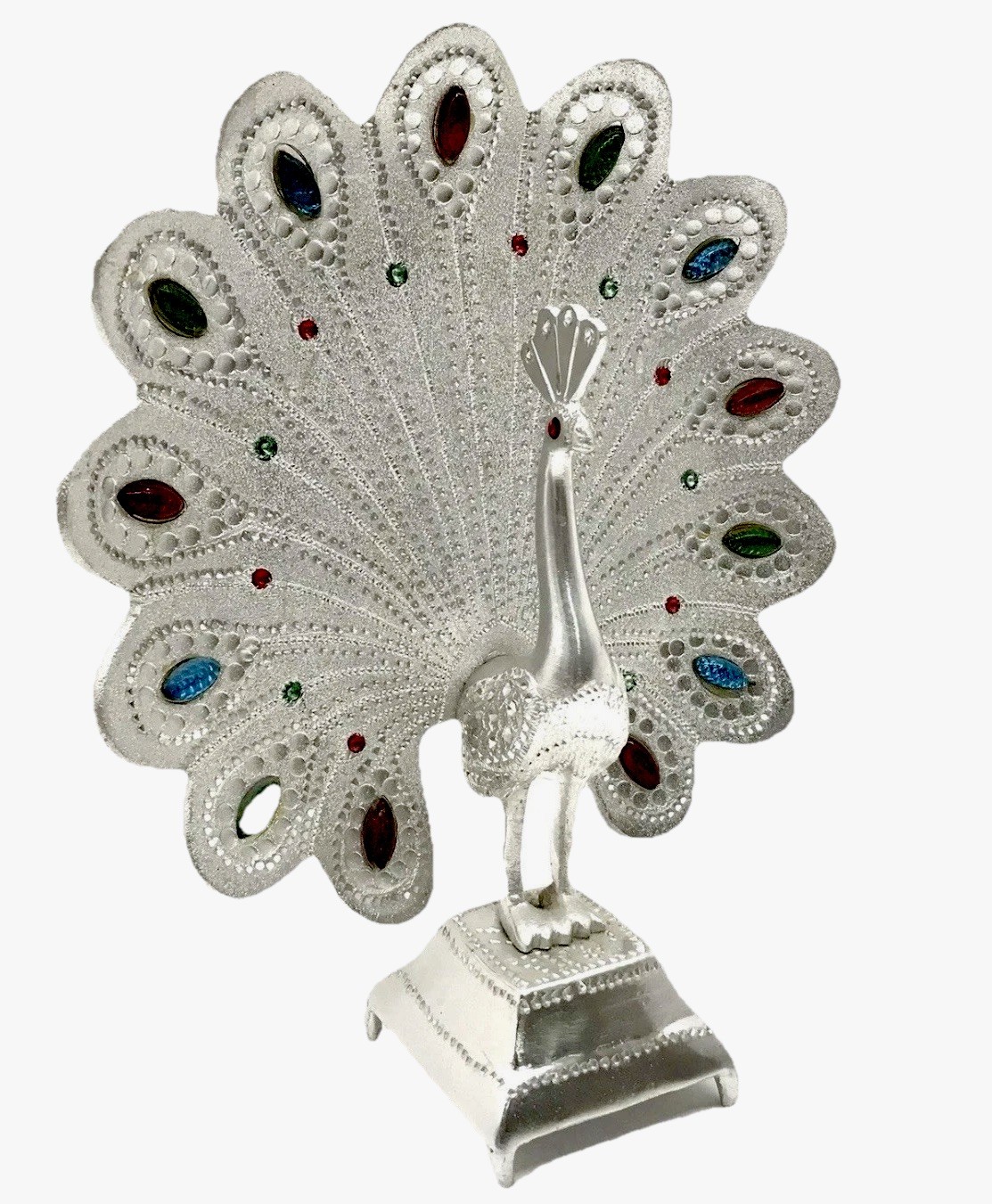 Peacock Statue Figurine 8.5″ Tabletop Decor Silver Cast Aluminum Jeweled India
