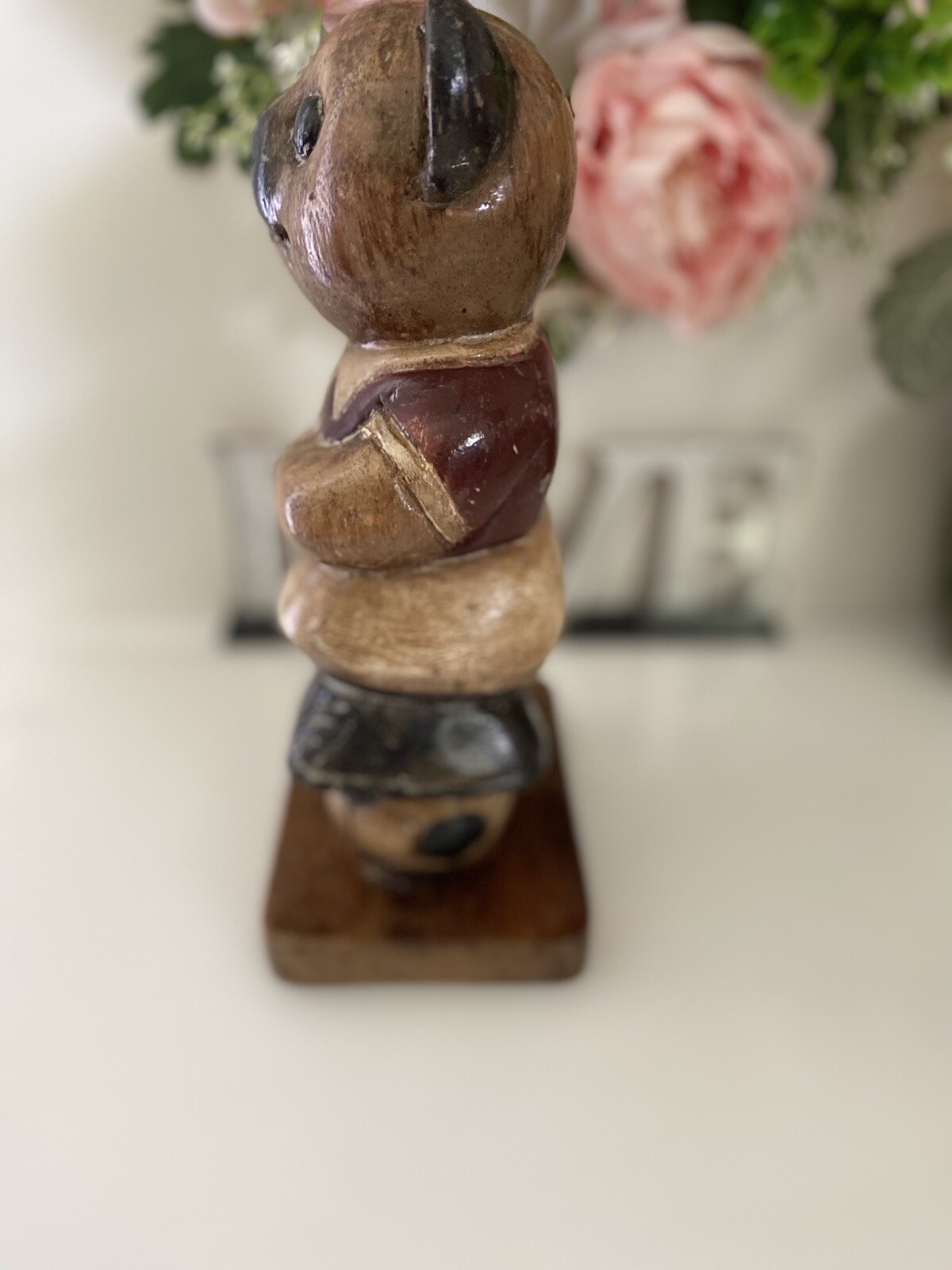Wooden Bear Handmade Statue 10″ Soccer Teddy Bear Kids Room Vintage Figurine EUC