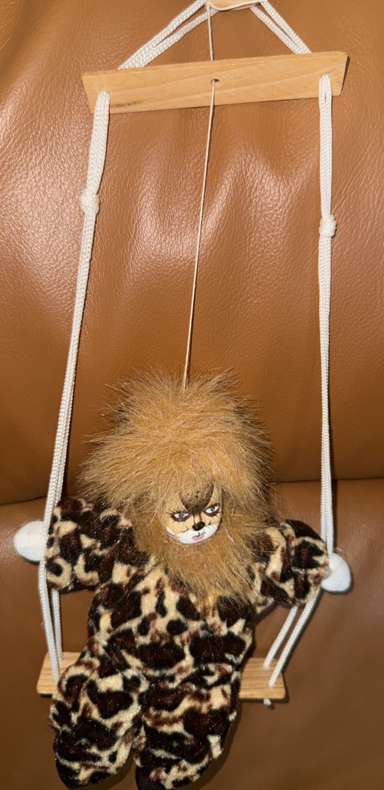 Vintage Marionette Porcelain Faced 8″ Cat Clown Puppet on Swing ~ Leopard Print