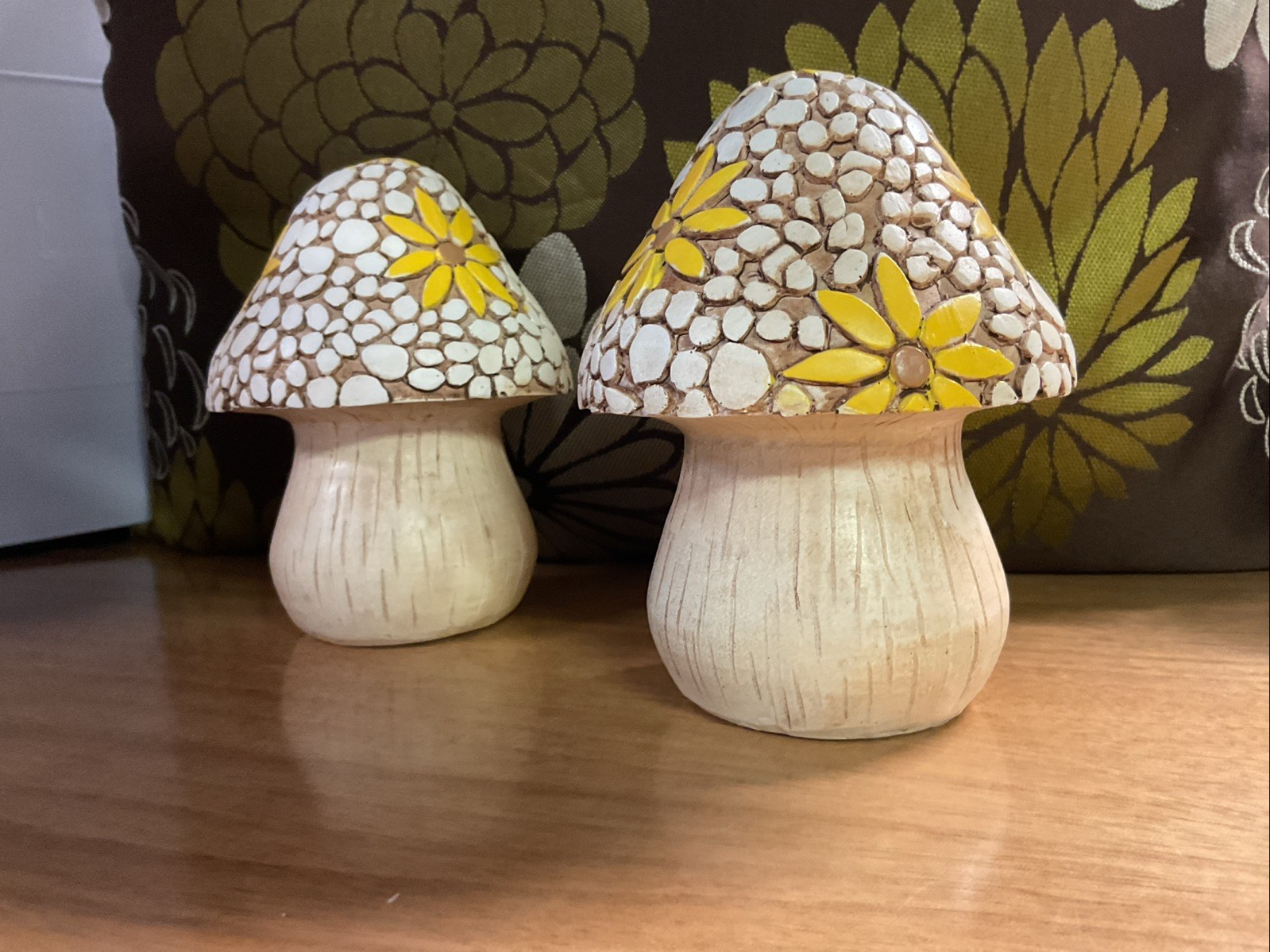 Decorative Mushrooms With Yellow Flowers Resin 5 Inches Tall Set Of Two