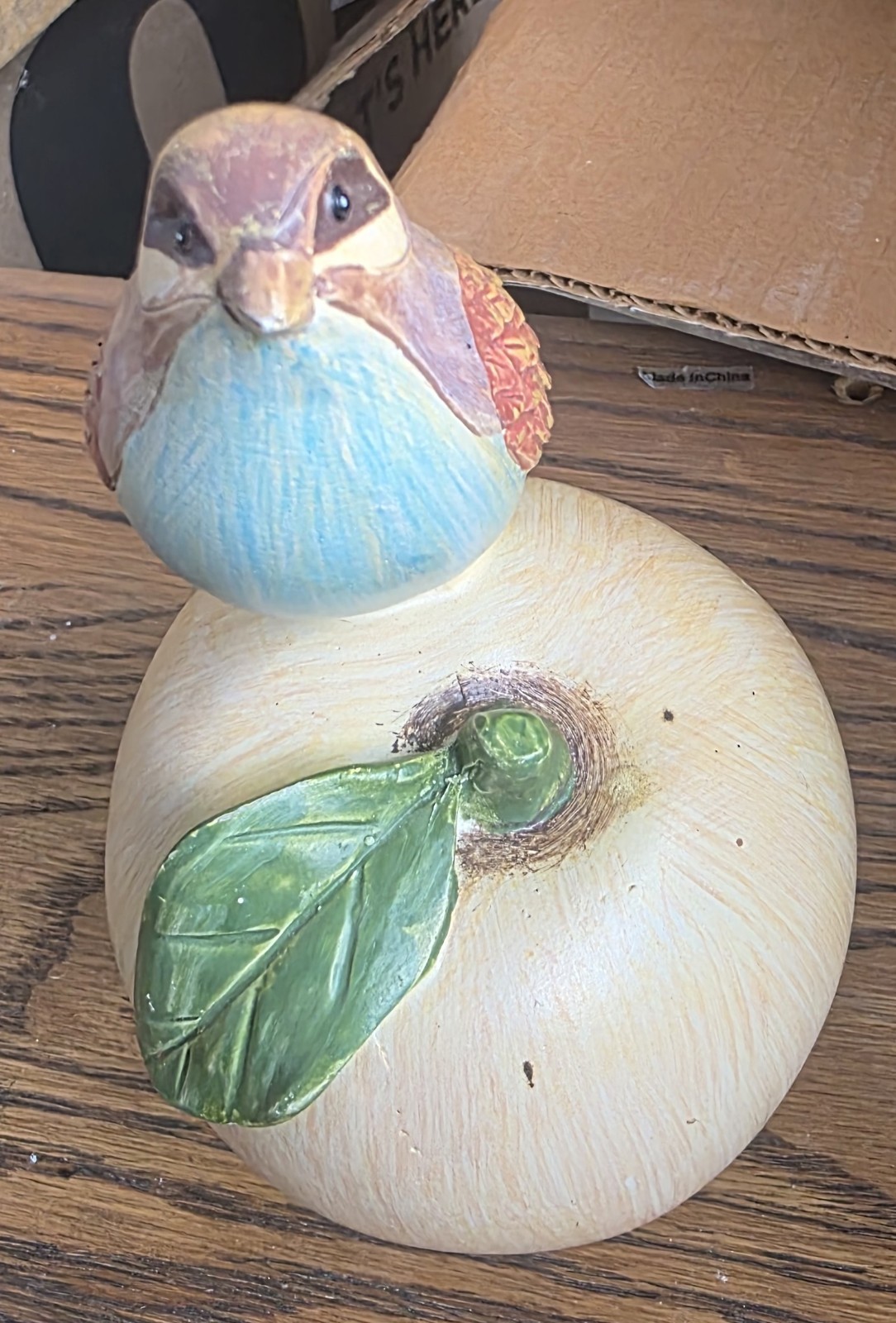 Hand Painted Resin Bird Figurine on Fruit w/ Leaf Beige Brown Blue Green