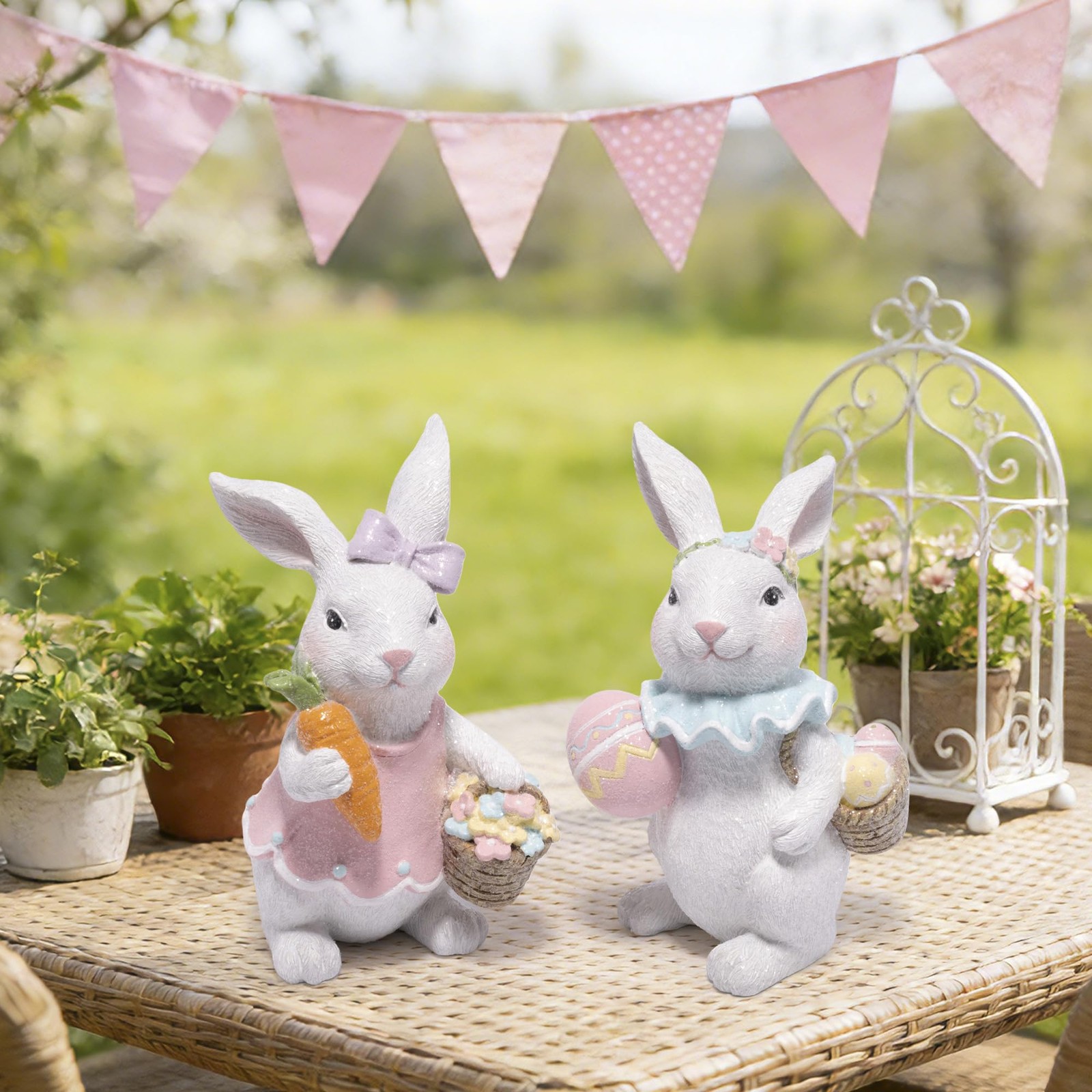 Easter Bunny Figurines Set, Spring Rabbit Decor with Easter Eggs Basket, Flor…