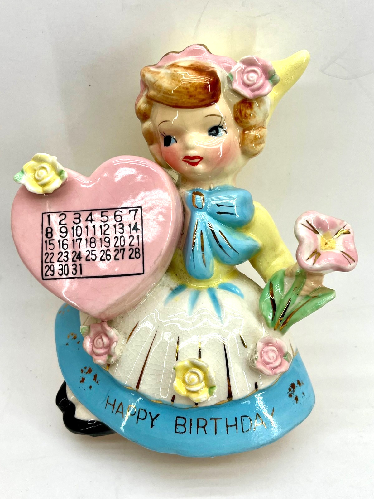 Vintage 1958 Bristol Happy Birthday Calendar Blue Dressed Girl Vase