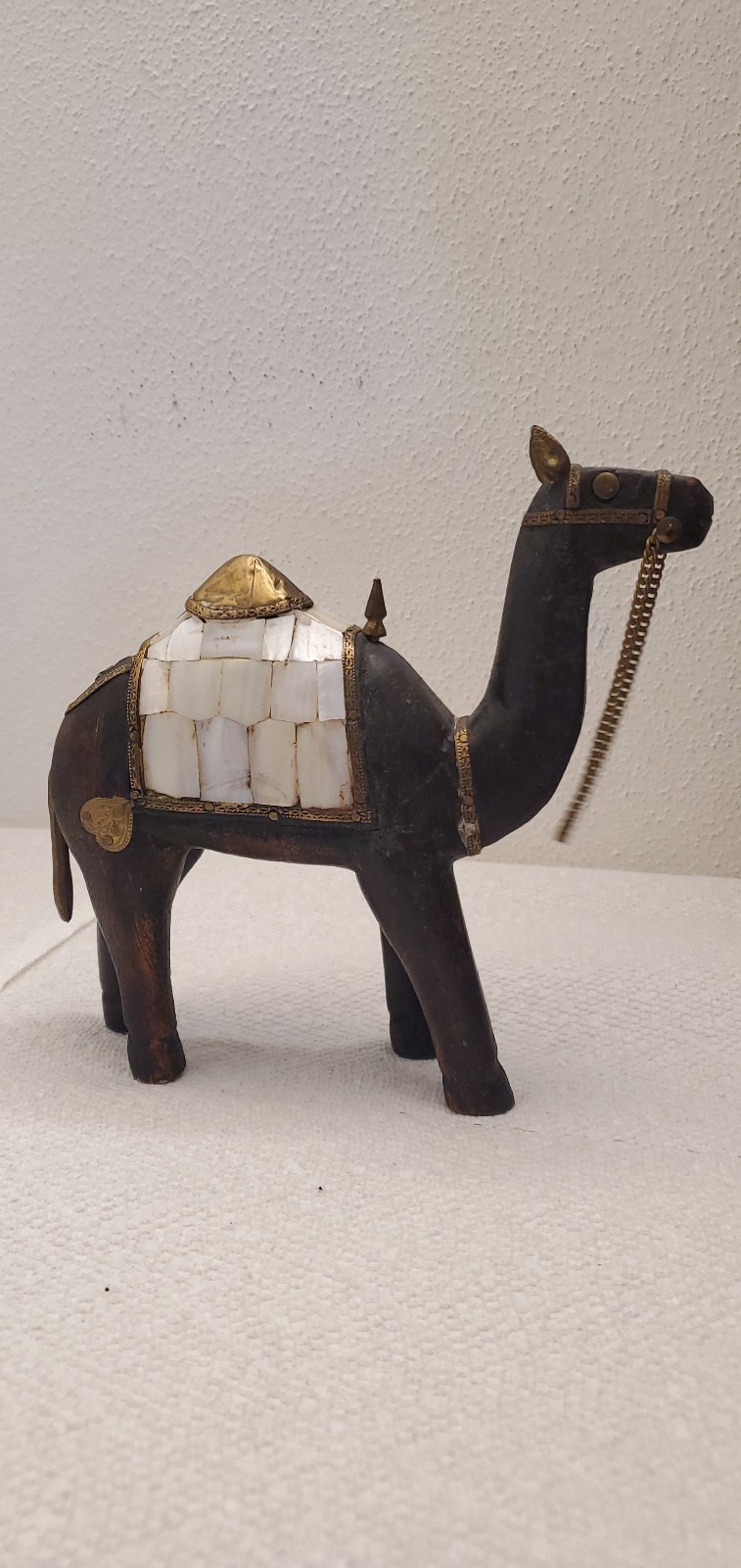 Vintage Rajasthan Hand Carved Wood Camel – Mother of Pearl & Brass Inlay 8″