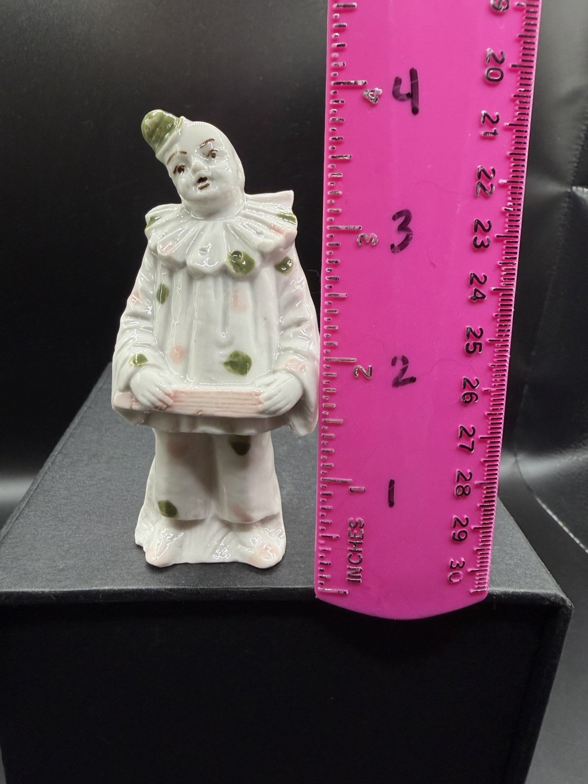 Vintage Clown Figurine 4 Inch Porcelain Ceramic White w/ Green Polka Dots