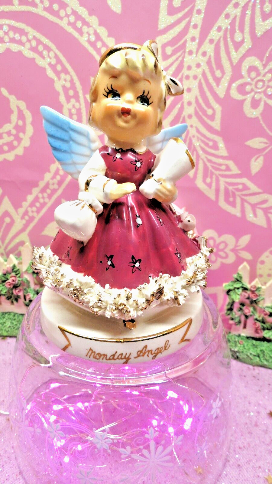 Vtg TMJ Monday PINK Victorian Shopper Girl PINK Angel W Purse Bouquet Blue Wings