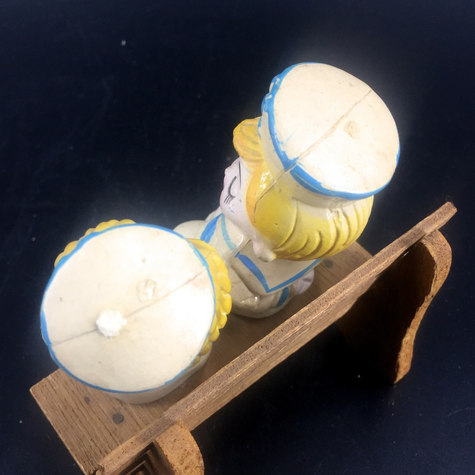 Vintage Hard Plastic Praying Children Sailor Kids Figurines Hong Kong Wood Bench