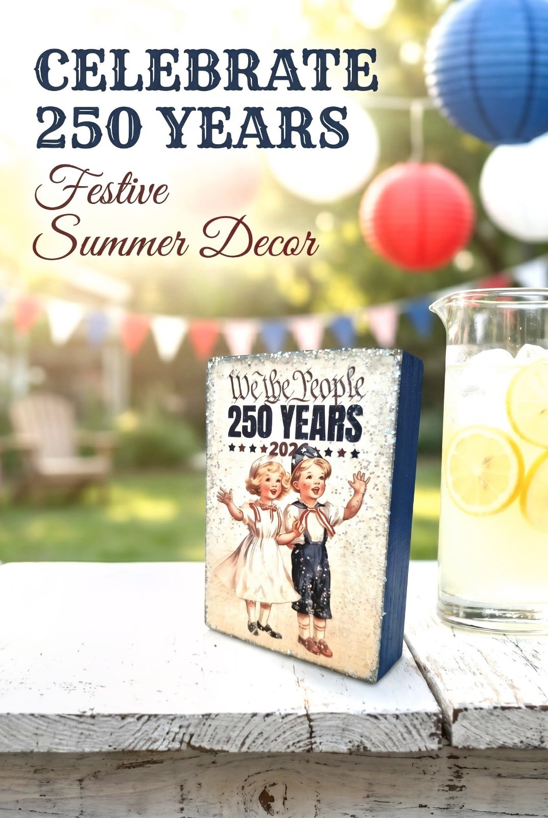 Celebrate 250 Years With Patriotic Boy & Girl On Distressed Blue Wooden Block