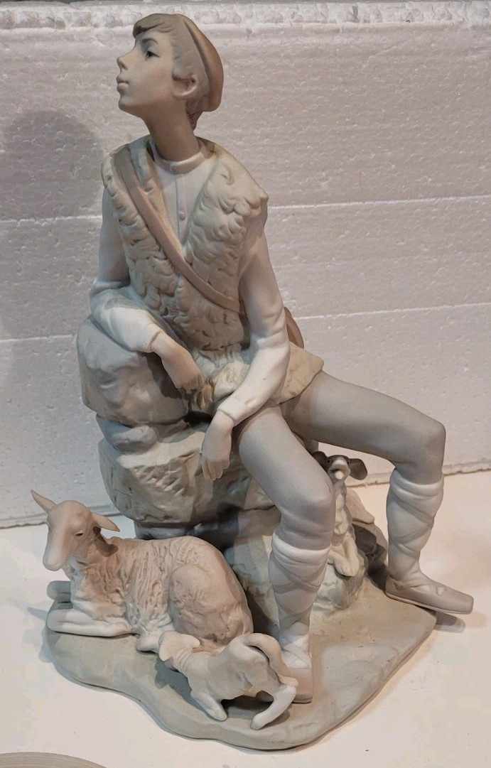 Vintage Lladro Resting Shepherd Boy Dog Tending Sheep 10.5in High X8in W X 7in D