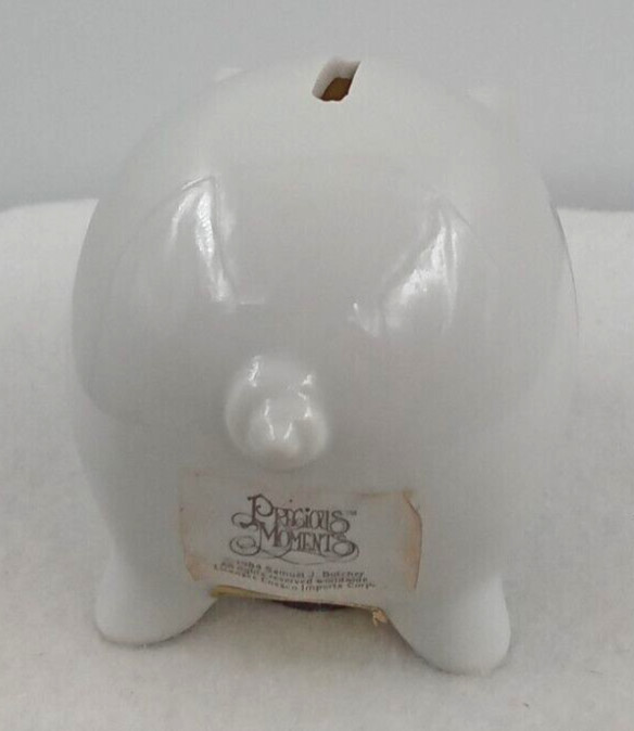 Precious Moments Piggy Bank Puppy Dog Image Ceramic Enesco White Vintage 1985