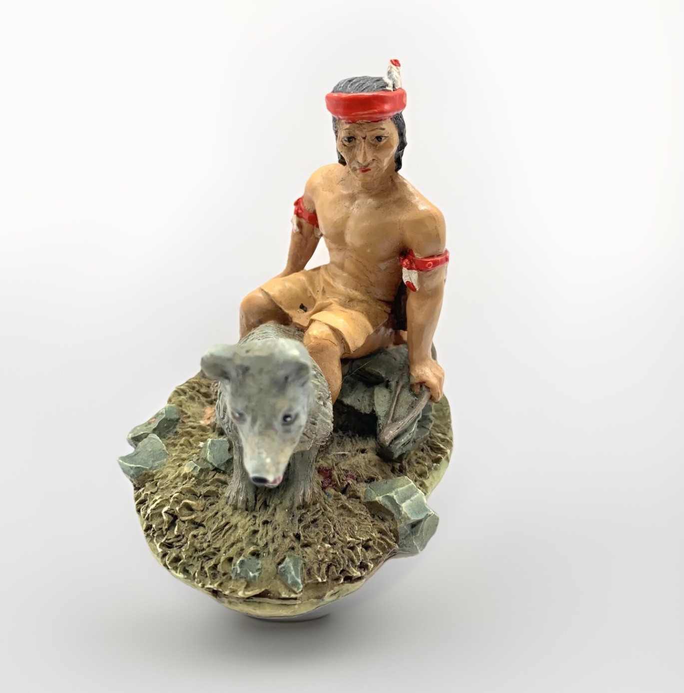 Vintage Native American Indian Warrior with Wolf Resin Figurine 4.5”H