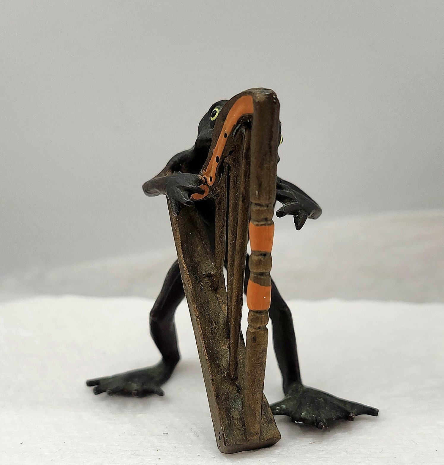 Antique Miniature Cold Painted Bronze Minstrel Frog Playing Harp