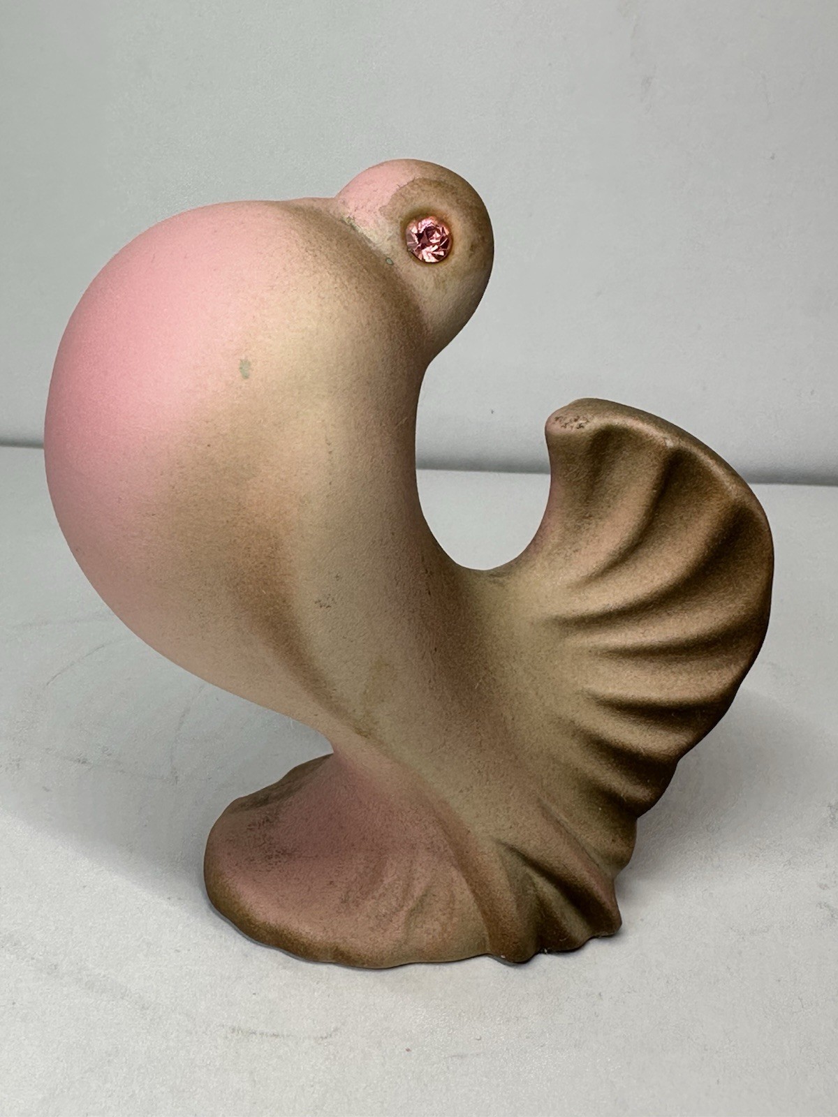 Vintage MCM Ceramic Pink & Brown Dove/Pigeon With Pink Rhinestone Eyes Figurine