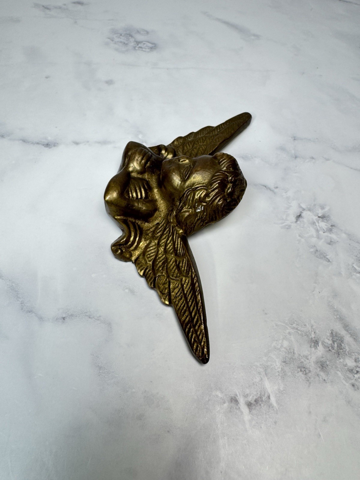 Vintage Brass Angel Cherub Wall Hanging Boudoir Whimsical Sculpture Figurine 5″